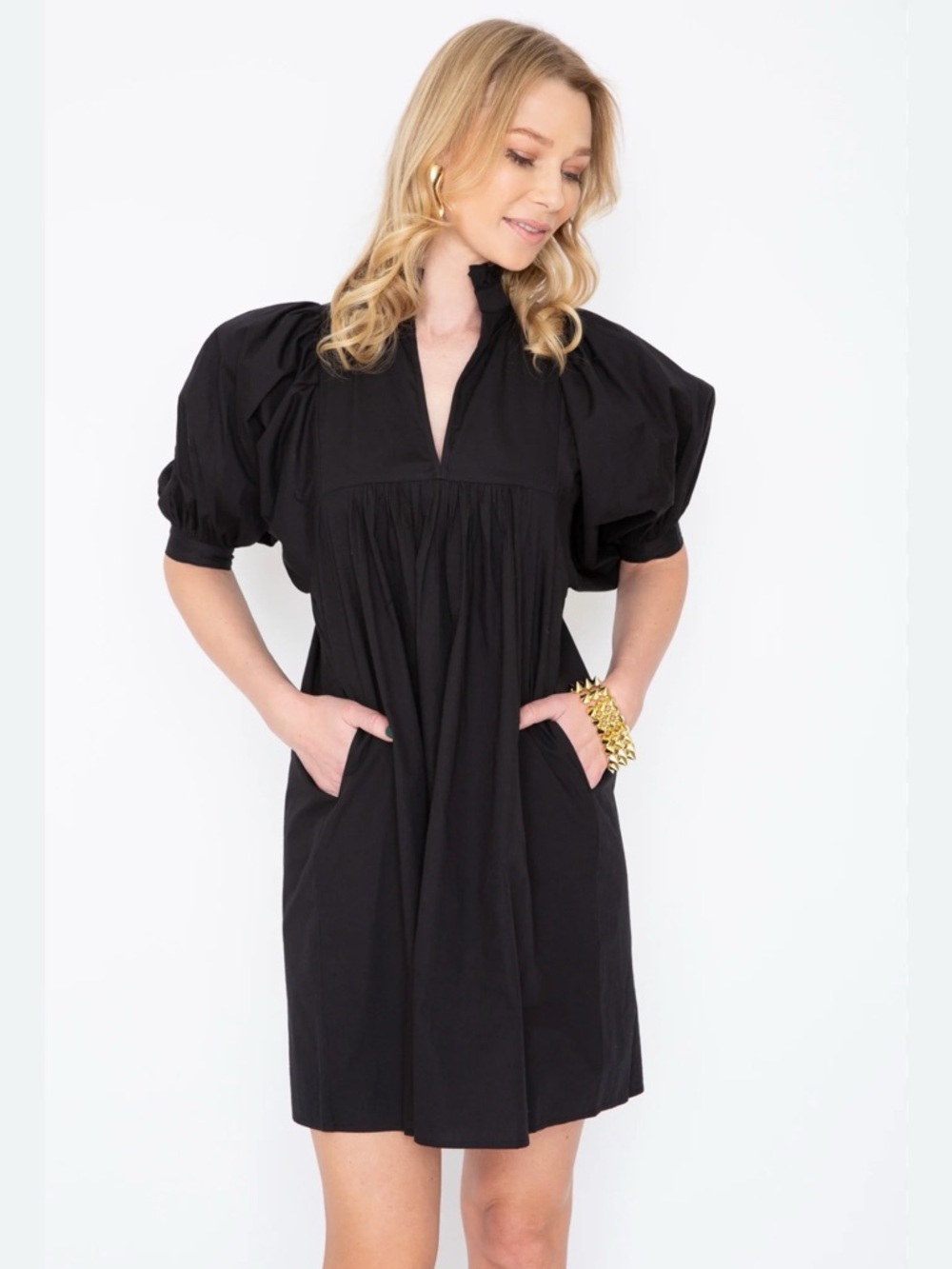 NEVER A WALLFLOWER Black Poplin High Neck Dress- Medium